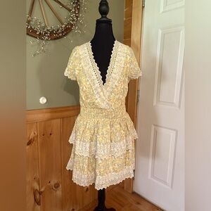 American Eagle Women's Cottagecore Floral Ruffle Tiered Mini Dress Yellow Large